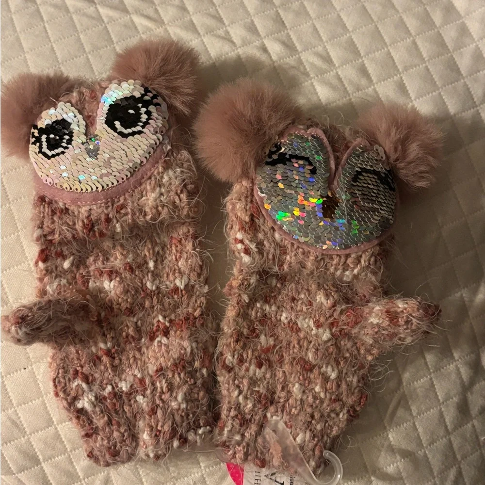 The Children's Place Pink Fuzzy Mittens with Sequin Hearts that reverse to sleep